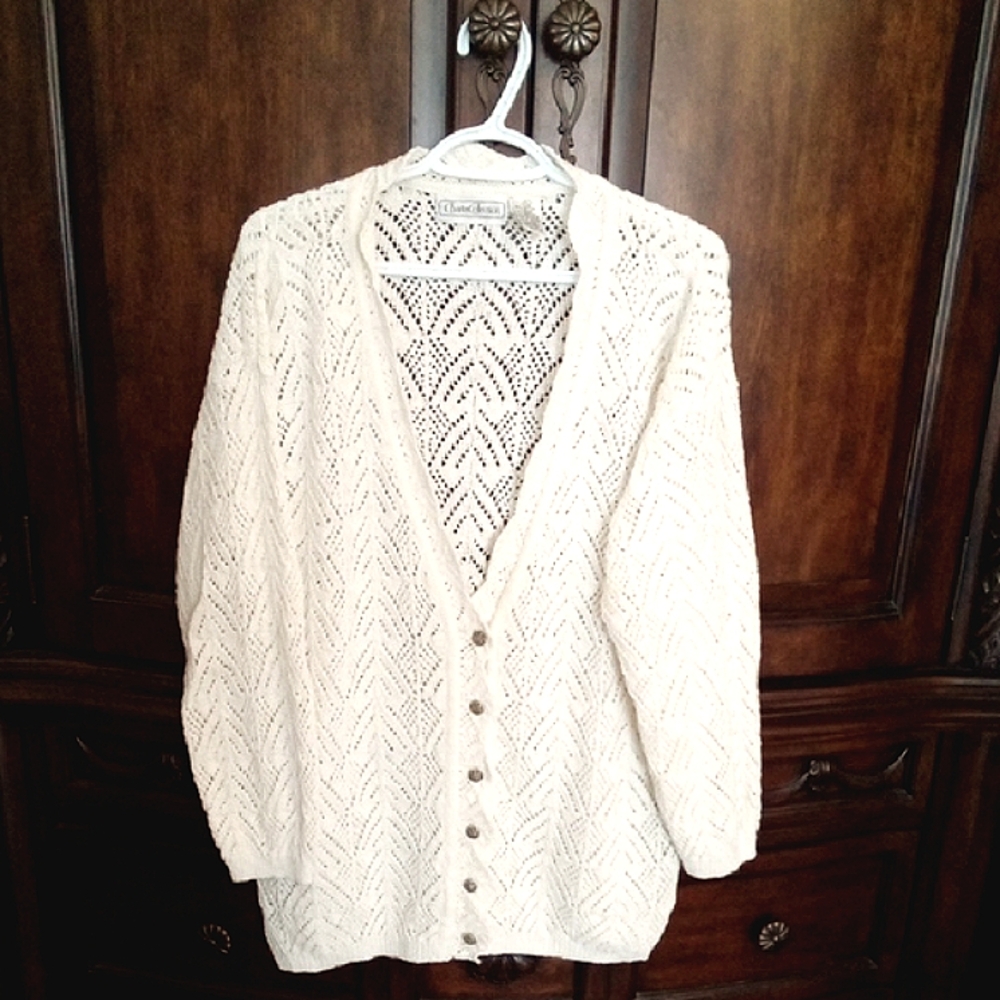 Charter Collection Women's Cream Patterned Knit Long Sleeve Cardigan Size Large